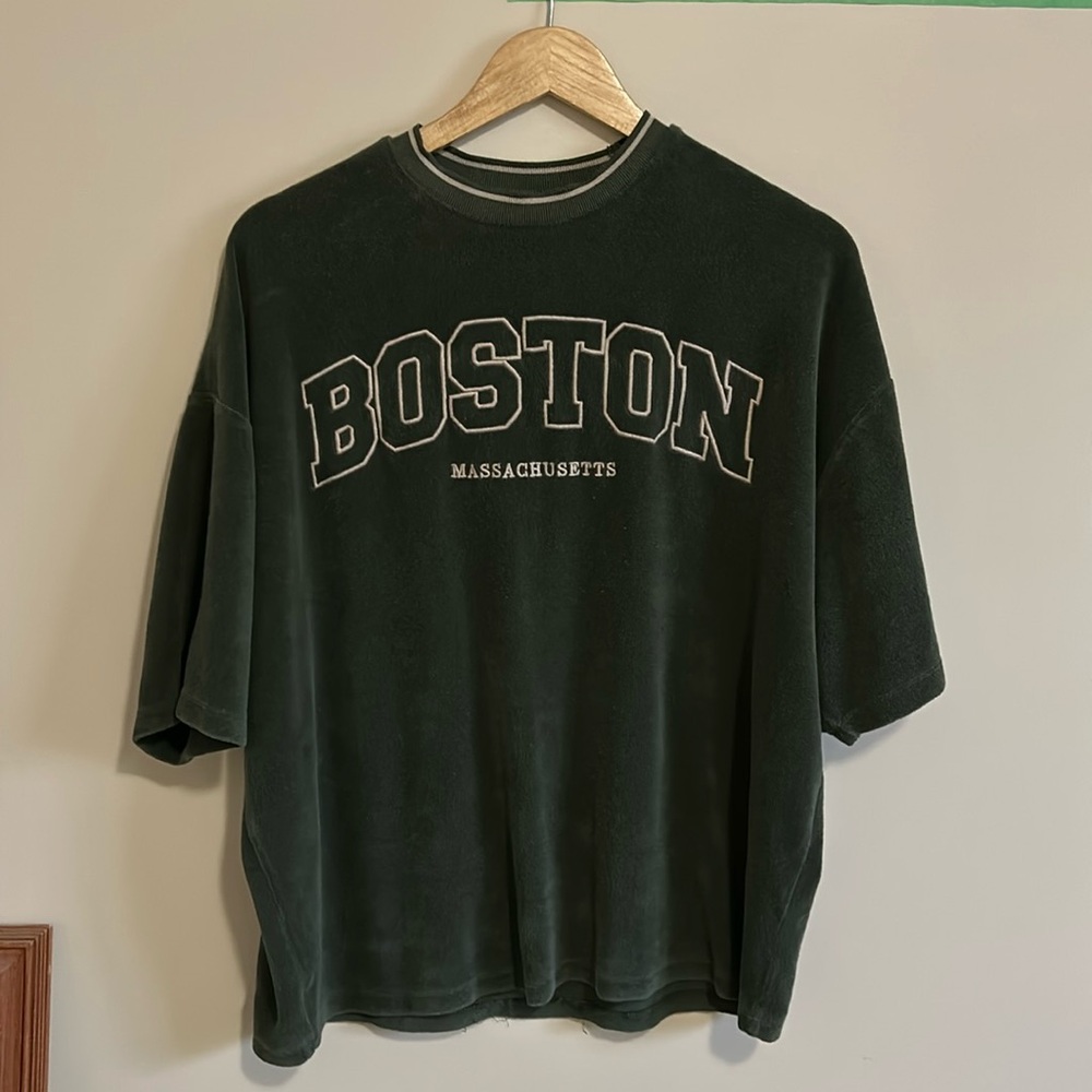 Oversized t shirt in khaki towelling with Boston city print